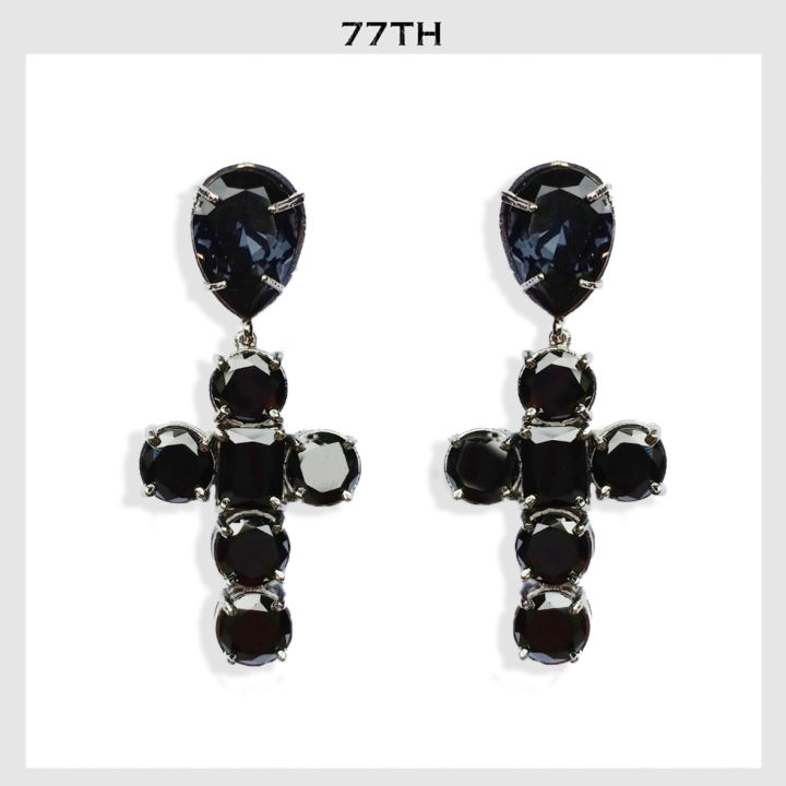 77th-black-crystals-cross-earrings-ต่างหูไม้กางเขนประดับคริสตัลสีดำ