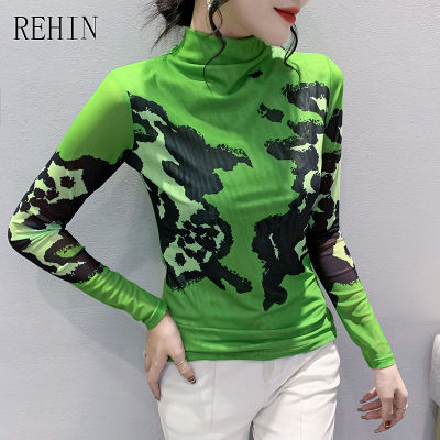 REHIN ผู้หญิงฤดูใบไม้ร่วงใหม่ Slim Fit คอสูงแฟชั่นการพิมพ์ตาข่ายแขนยาวเสื้อยืดผ้าฝ้ายเสื้อ