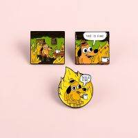 Yellow Anime Cartoon quot;This Is Fine quot; Hound Dog Chair Comic Brooch Animals Flames Enamel Pins Fashion Cute Bag Backpack Jewelry