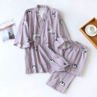 New Japanese-style kimono two-piece couple pajamas cover men and women pure cotton gauze cute kitten thin home service plus size