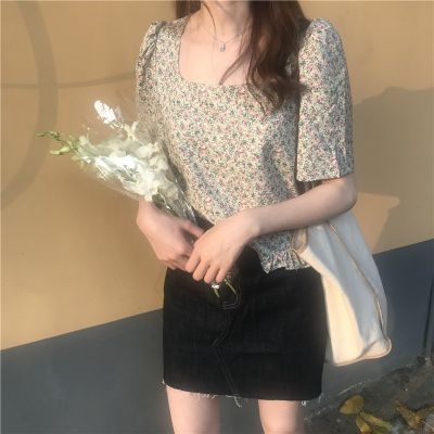 Casual summer all-match loose short sleeve square collar printed shirt 1104