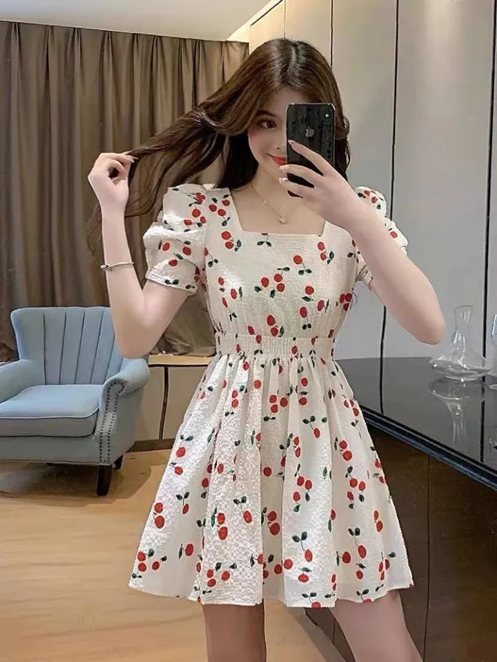 New Korean Mini Dress Fashion Cherry Design Puff Sleeves Dresses | Lazada Ph