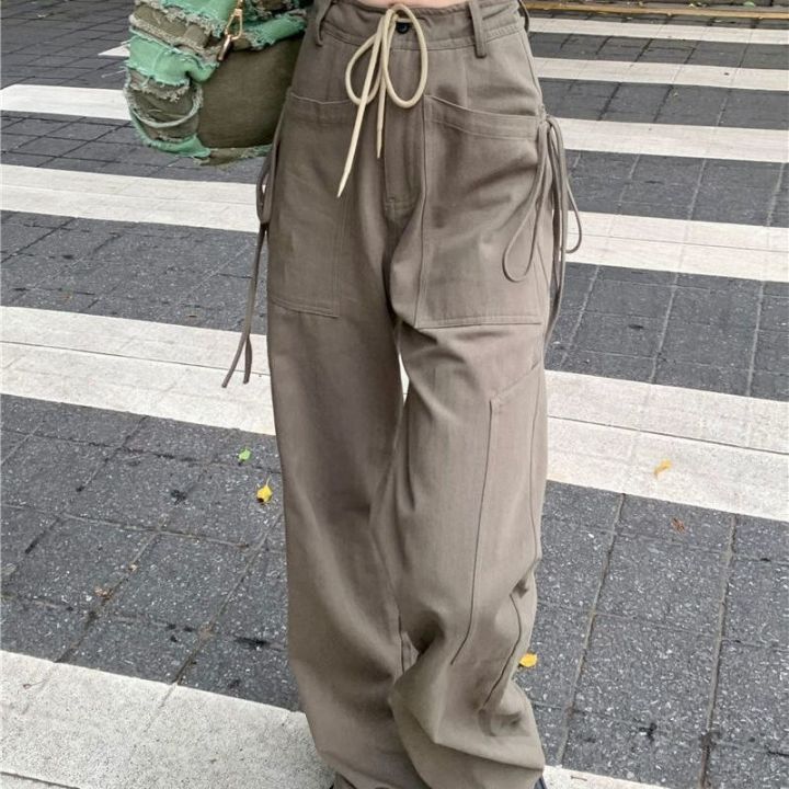 เอวสูงกางเกงคาร์โก้ย้อนยุคผู้หญิงใหม่ธรรมดาหลายกระเป๋าผ้าพันแผลขากว้างตรงลำลองผ้าฝ้ายสีเขียวสีเบจ