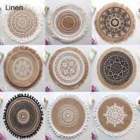 Popular round Natural Burlap Hessian Jute Printed table place mat pad Cloth dish placemat cup coaster doily kitchen accessories Placemats  Coasters