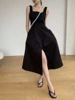 【HOT】 ins sleeveless vest sling dress womens summer waist slimming wide shoulder strap slit mid-length black