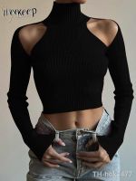 【hot】☞☊☼  Weekeep Turtleneck Sweater Pullovers Hollow Out Shoulder Sweaters Streetwear Knitwear