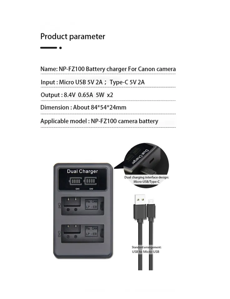 NP-FZ100 Camera Battery Charger, LP Dual USB Charger with LCD Display,  Compatible with Sony A6600 A9 A9R A9S A9II A7C A7SIII A7III A7RIII A7RIV  A7IV