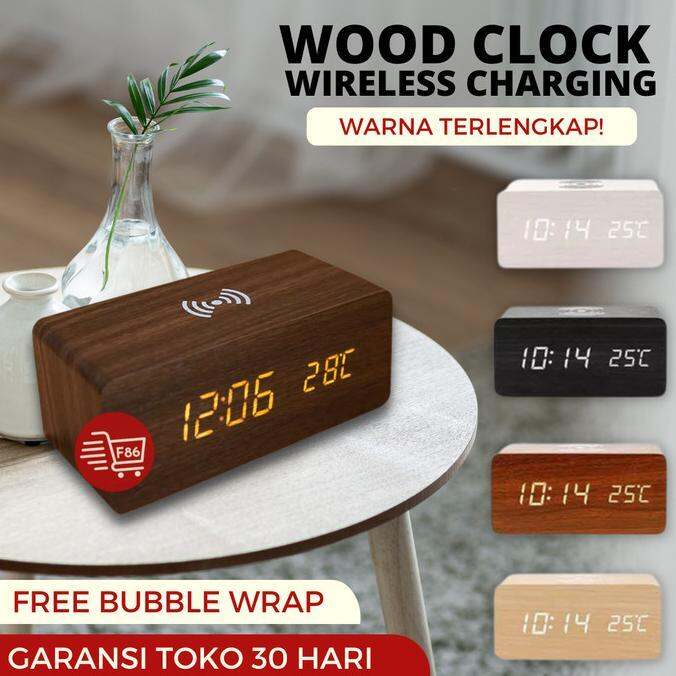 F86 JAM DIGITAL KAYU Smart Wood Clock Wireless Charging Loudspeaker