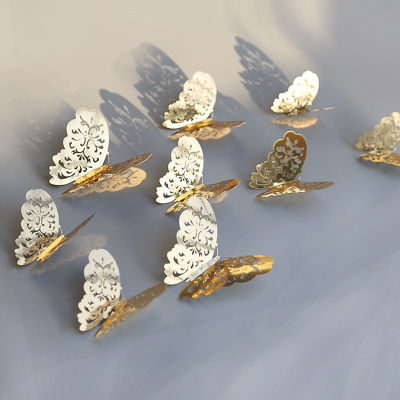 12pcs Gold Silver Butterflies Hollow Mirror 3D Wall Stickers Wedding DIY Birthday Home Decor Decoration Party Favors