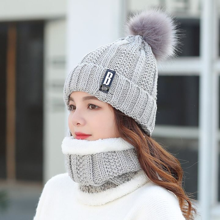 2-piece-suit-winter-women-scarf-hat-set-solid-pompoms-knitted-caps-and-scarves-keep-warm-accessories