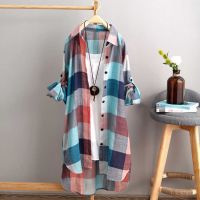 Fashion Loose Plaid Printed Long Blouses Women Button Tunic Shirt Casual O-Neck Long Sleeve Cardigan Tops bluzki блузка женская