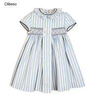 2023 Kids Spanish Smocked Embrodiery Dresses For Girls Luxury Boutique Dress Girl Hand Made Smocking Blue Stripes Clothes Baby