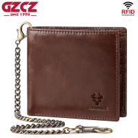 RFID Shielding Mens Credit Card Holder Wallets Genuine Leather Short Wallet with Iron Chain Casual Male Coin Purse Money Bag