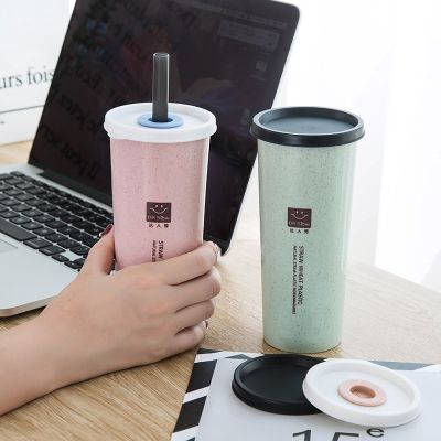 Cup Water Cup with Straws Double Lid Portable Hand Cup Wheat Straw Cola Coffee Plastic Travel Cup Drinking Cup Home Office Gifts