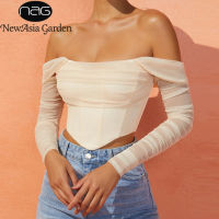 2021NewAsia Mesh Corset Blouse Fall See Through Off Shoulder Lining 2Layer Boned Bodycon Shirt Zipper Anti-Slip Crop Tops Women 2021