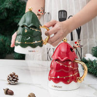 Christmas Tree Mug Creative Ceramic Coffee Cup Large Capacity Milk Tea Drinking Cup with Lid Spoon Christmas Gift Drinkware