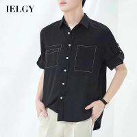 IELGY Kemeja Hitam ผู้ชายแขนสั้นเกลือสไตล์ลำลอง,ทรงหลวมสไตล์ญี่ปุ่น