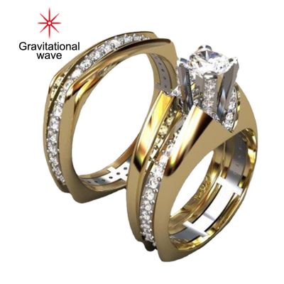 Gravitational Wave 2Pcs แหวนผู้หญิง2สีชุบทองเงาเรขาคณิตประกายตกแต่งของขวัญ Cubic Zirconia ฝังงานแต่งงานแหวนหมั้นเครื่องประดับสำหรับแฟน