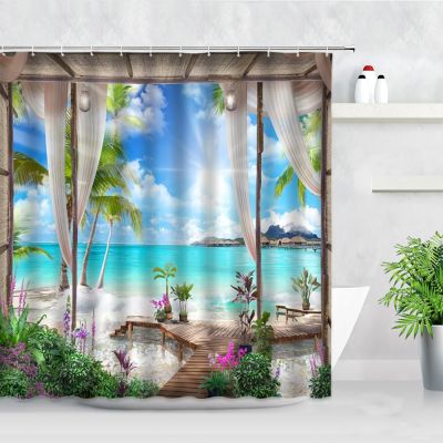 Creative Tropical Plant Ocean Landscape Shower Curtain Beach Palm Trees Flowers Natural Scenery Fabric Bathroom Decor Curtains