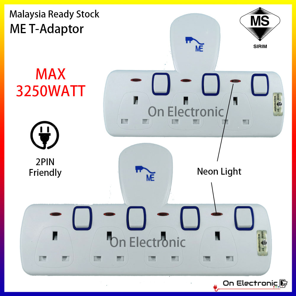 3Way/4way/3 Gang/4Gang T-Adapter 3Pin Socket Extension Plug Neon Indicator with Sirim Approved