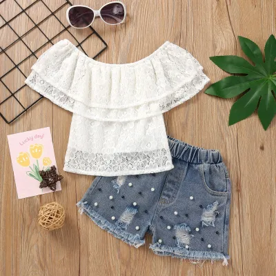 [COD] European and girls foreign trade childrens medium-sized one-shoulder lace beaded denim two-piece set wholesale