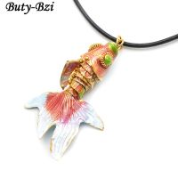 Cute Cloisonne Goldfish Fish Pendant Black Leather Cord Chains Necklace Fashion Party Jewelry