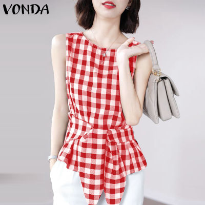 (จัดส่งฟรี)Fancystyle VONDA เสื้อลำลองผู้หญิงคอกลมแขนกุดลายสก๊อต,เสื้อลำลองเสื้อสายรัดเอว