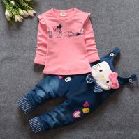 NYSRFZ 2017 spring new Korean childern girls clothes suit baby girls solid color denim overalls suit kids cartoon clothing set