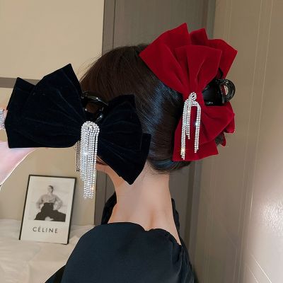 [COD] Large bowknot velvet with diamonds and tassels clip French ins temperament dish hair shark trendy accessories