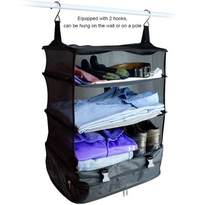 ：“{—— Outdoor Storage Mesh Bag Canvas Folding 3 Layers 2 Hooks Hanging Picnic Fishing Camping Clothes Towel Accessories