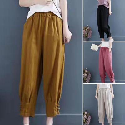 Mid-Rise Solid Color Slant Pockets Buttons Ankle Cuffs Lady Slacks Loose Fit Elastic Waist Casual Harem Trousers Female Clothing