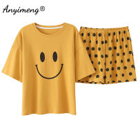 Women Pajamas 100 Cotton High Quality Sleepwear Yellow Smile Printing Chic Leisure Home Clothing Summer Shorts Pjs for Woman