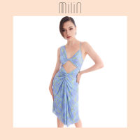 [MILIN] Front draped and cutout detail V neck sleeveless ruched printed midi dress เดรสมิดิพิมพ์ลายคอวีแต่งรูดดีเทลแต่งเดรปด้านหน้าและคัทเอาท์ / Sage Dress