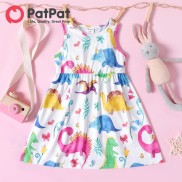 PatPat Toddler Quần Áo Bé Gái Mới Tập Đi Váy Không Tay In Hình Khủng Long