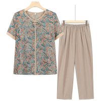 【มีไซส์ใหญ่】Plus Size XL-4XL Womens Short Sleeve Top + Elastic Waist 8/10 Pants Summer Suits Casual Floral Printed Fashion Female 2 Pieces Sets