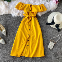 New Women Beach A-line Elegant Dress Vintage Slim Button Ruffles Bandage Midi Summer Party Vestido De Festa Sexy Off Shoulder