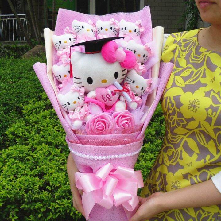 ช่อดอกไม้-topi-wisuda-sanrio-hello-kitty-ตุ๊กตาหมวกรับปริญญา-boneka-mainan-น่ารักช่อโฟมดอกกุหลาบของขวัญสำเร็จการศึกษา