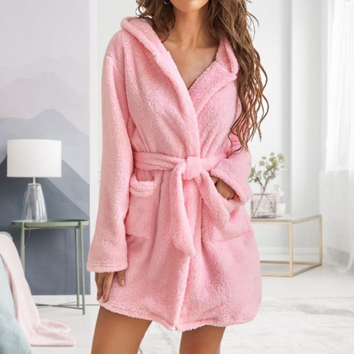 xiaoli-clothing-ชุดนอนสีทึบแบบผูกเอวกระเป๋าแขนยาวชุดคลุมอาบน้ำขนฤดูหนาวที่อบอุ่นสั้นผ้าสักหลาด39-s-เสื้อคลุมอาบน้ำแบบมีหมวก