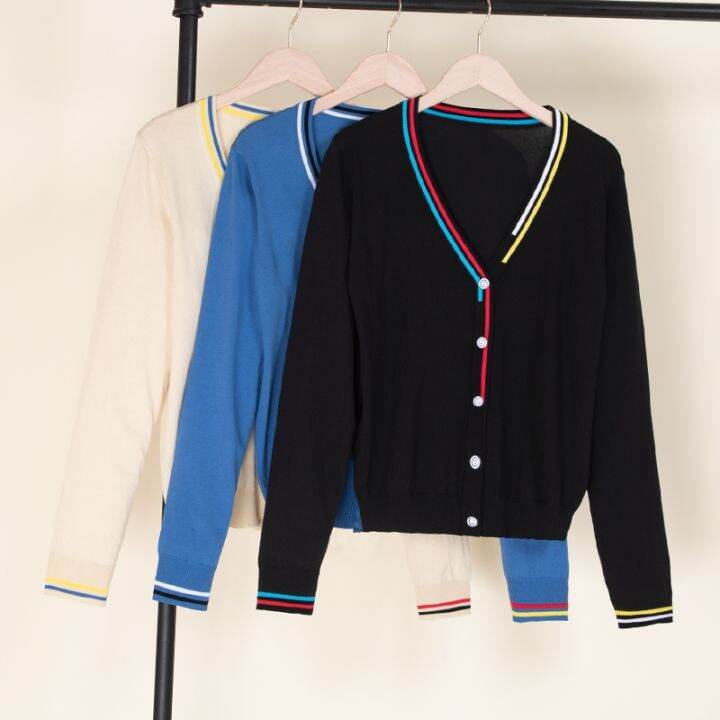 เสื้อคาร์ดิแกนถักสำหรับผู้หญิงสีดำเสื้อสเวตเตอร์ถักสไตล์-mode-korea