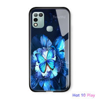 UCUC เคสโทรศัพท์เคสสำหรับ Infinix Hot 10 Play/ Infinix Hot 10 Play X688C Soft Edge Gradient ดอกไม้ผีเสื้อพิมพ์ Hard Casing กันกระแทกกระจกเทมเปอร์ฝาหลัง