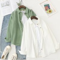 Corduroy Casual Shirt Beige Korean Round Neck Womens Kemeja Blouse Long Sleeve Tops Loose Boyfriend Style