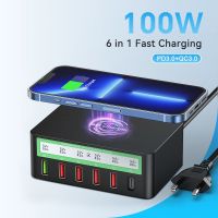 BUILS 100W PD QC ตัวแปลงที่ชาร์ต USB 6พอร์ตพาวเวอร์ซัพพลายท่องเที่ยว UK EU ที่ชาร์จแบบไร้สายปลั๊ก US AU สำหรับ IPhone 14 13 12/Samsung/Huawei