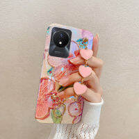 เคสโทรศัพท์ใหม่สำหรับ VIVO Y02T Y02A ฝาครอบ แฟชั่นบลูนิ่มไฟสีน้ำมันลายดอกไม้ + สร้อยข้อมือความรักป้องกันสำหรับ VIVO Y02T Y02A เคส