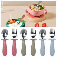 ◑ Auxiliary Food Spoon Kitchen Tools Baby Learning To Eat Rice Scoop Short Spoon Fork Silicone Spoon Tableware Set