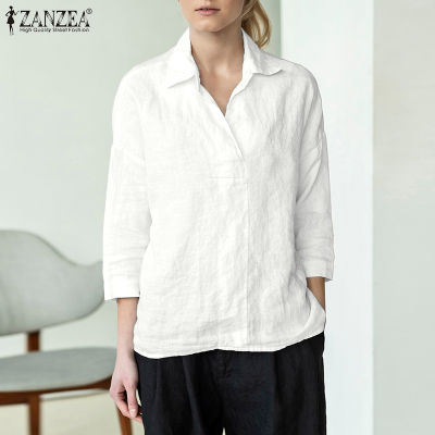 (เคลียร์สต๊อกขาย）(จัดส่งฟรี)Fancystyle ZANZEA เสื้อฝ้ายลินินฤดูร้อนแขน3/4ปกขนาดใหญ่เสื้อออฟฟิศ #15