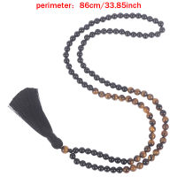 Fashion Natural Black Onyx &amp; Wood Beaded Mala Buddha Tassel Necklace Rosary 8mm Beads