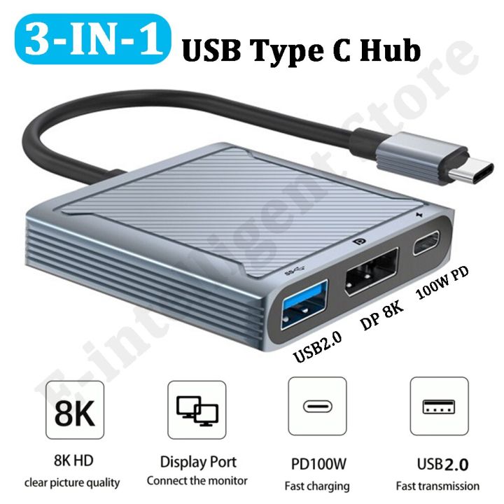 3in1 USB Type C Docking Station USB C to Displayport 8K DP USB2.0 Type C PD 100W Charge