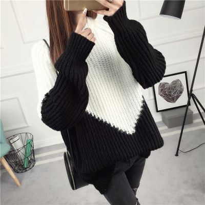 Fashionable New Stitching Thickened Woolen Sweater Women Casual And Loose Bottoming In Autumn Lady Sweater