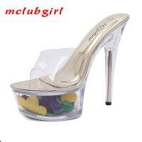 Mclubgirl 34-43ส้นสูงซุปเปอร์รองเท้าแตะรองเท้าแบน Stiletto 15ซม. รองเท้าคริสตัลโปร่งใสรองเท้างานแต่งงานราตรี LFD