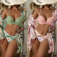 hotx 【cw】 Floral Twist Low Waist Set Cover Up Swimsuit Push Sleeve Three Pieces Swimwear 2023 Beach Bathing Suits